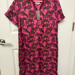 J Crew Collection Shirt-Dress Silk Sleepy Lions Pink Brown Button Size 2 NWT